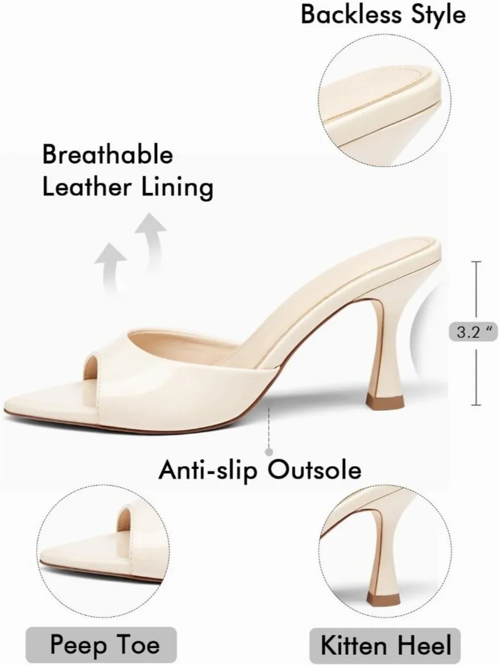 Women's Heeled Mules Pointed Peep Toe Beige High Heels Slip On Backless Sandals